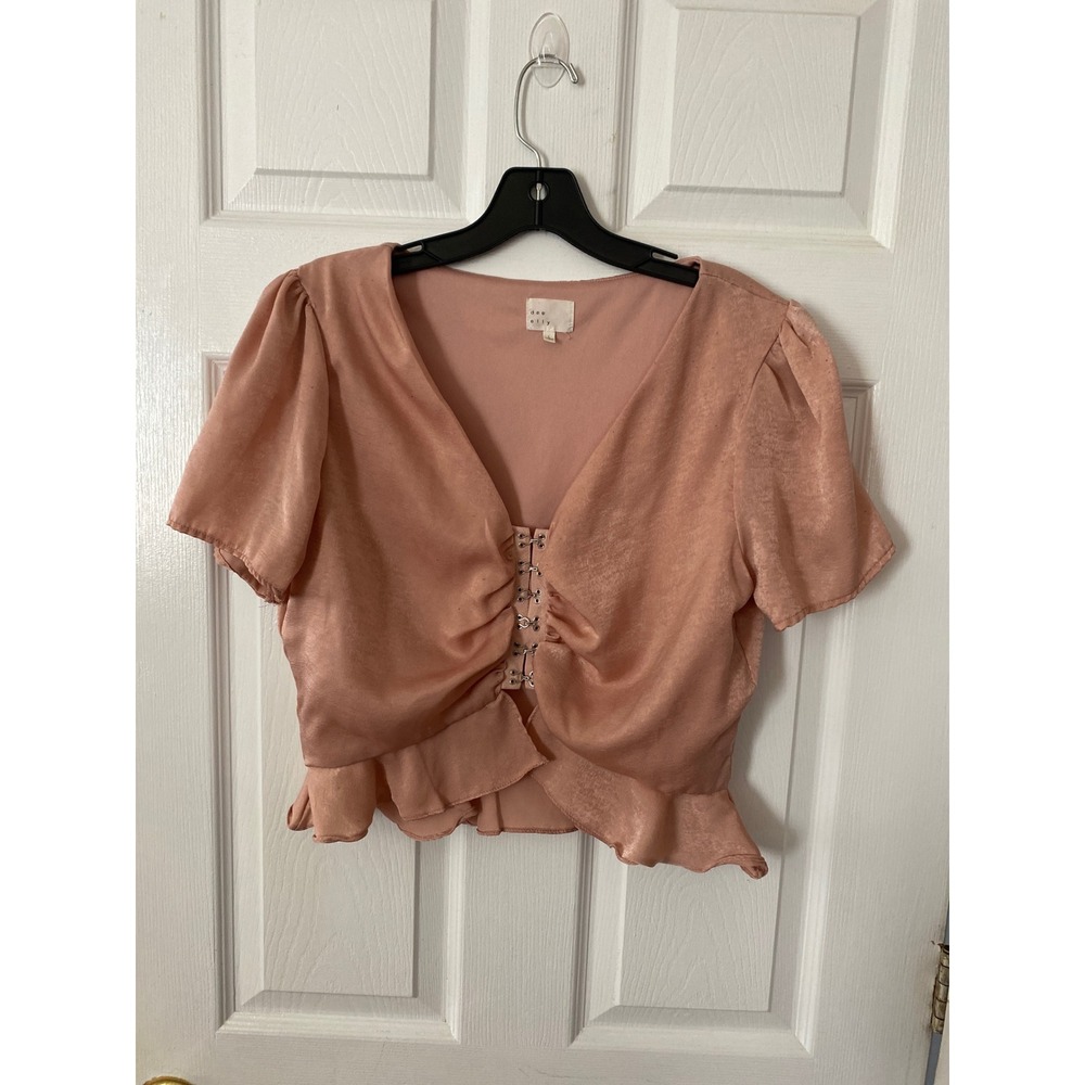 Dee Elly Dusty Rose Satin Hook and Eye Ruffle Peplum Crop Top Large Womens Pink